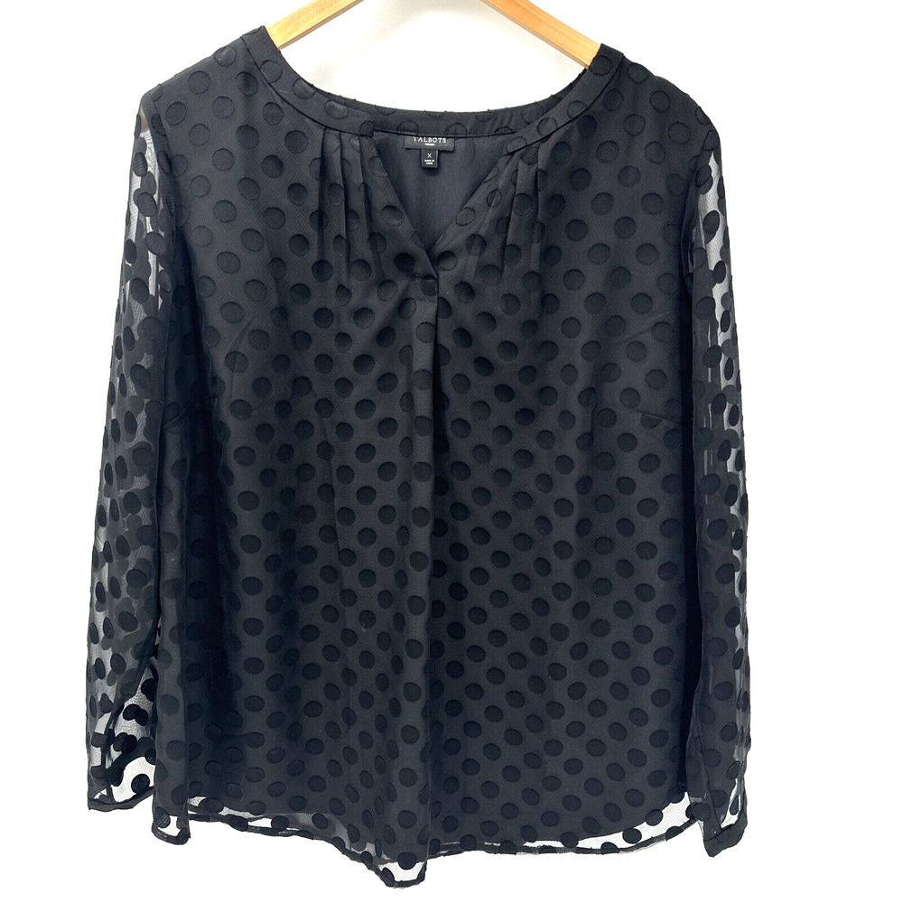Talbots Blouse Womens X Clip Dot Black Long‎ Sheer Sleeves Lined V-Neck Shirt